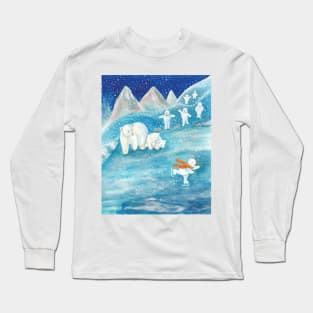 Snowmen and Polar Bears with Winter Landscape on a Snowy Day Illustration Long Sleeve T-Shirt